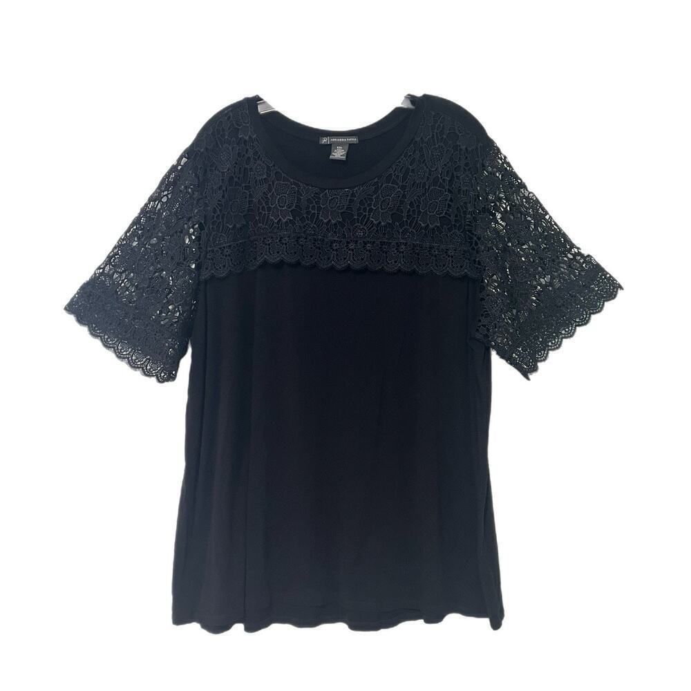 Adrianna Papell Black Knit Blouse 2XL Lace Accent Lace Sleeves Relaxed Soft